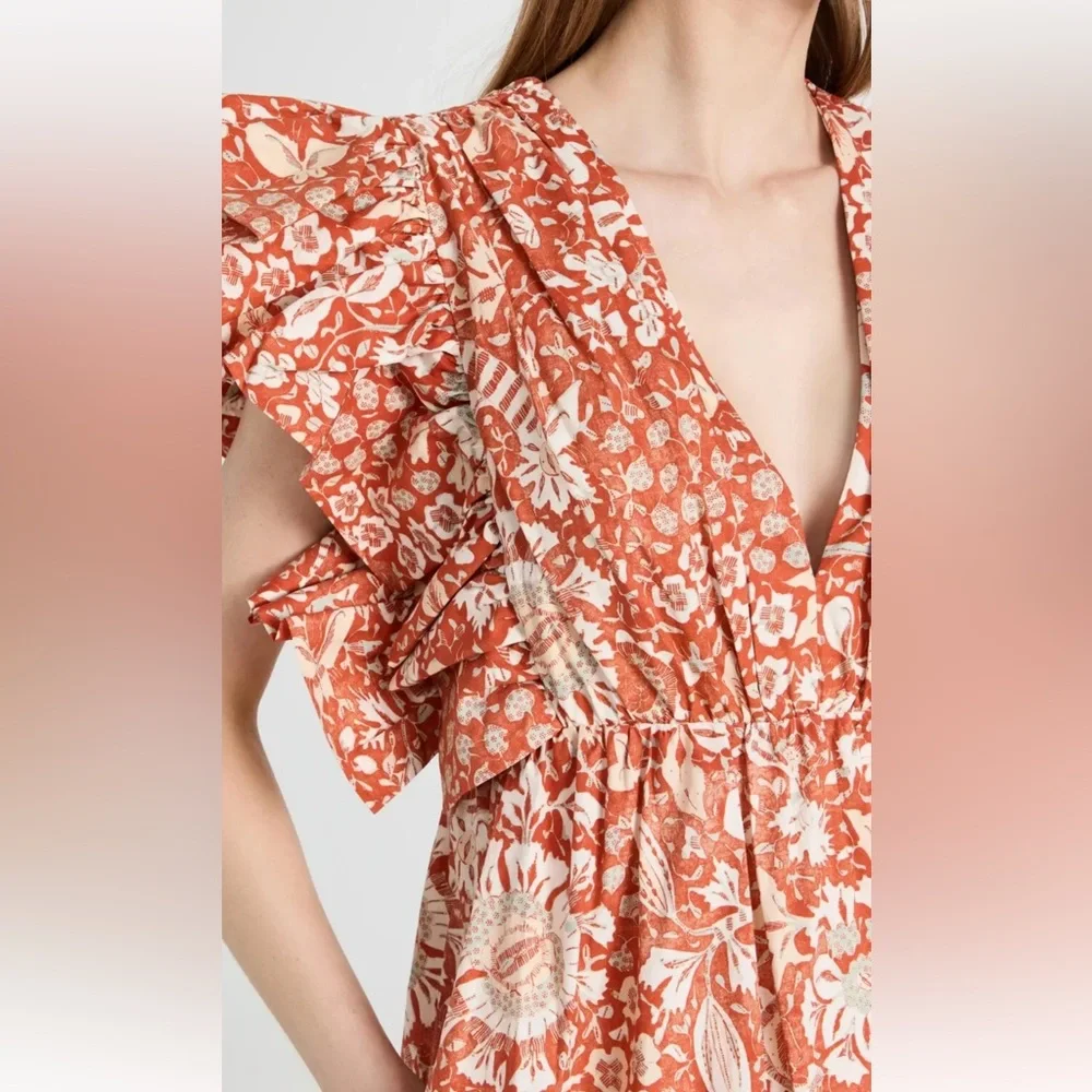 ULLA JOHNSON Delila Midi Ruffle Floral Dress Orange Blossom Sz 4